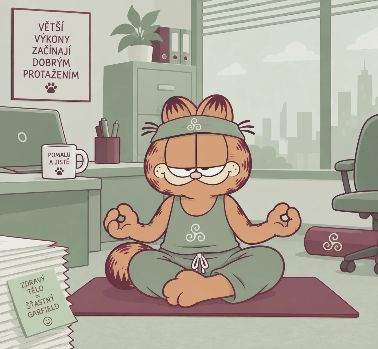 Garfield medituje v kancelářském oblečení na podložce