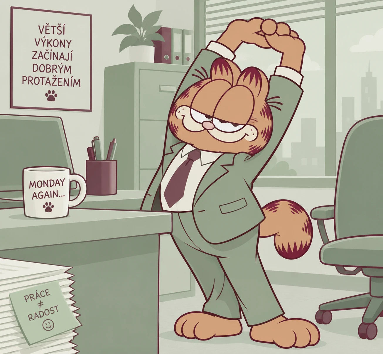 Garfield se protahuje v obleku u pracovního stolu